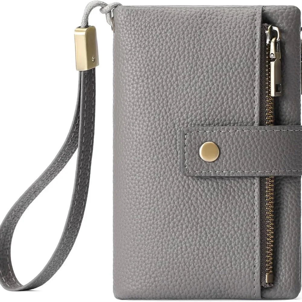 Leather RFID Blocking Wallet Women Small Bifold Coin Purse with Wristlet - Picture 1 of 8